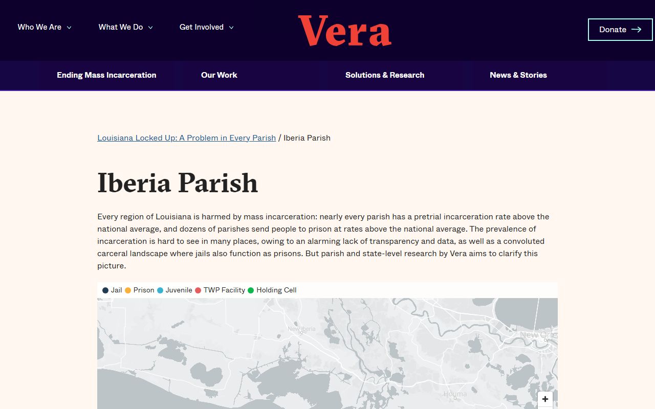 Iberia Parish inmate population capacity profile from Vera