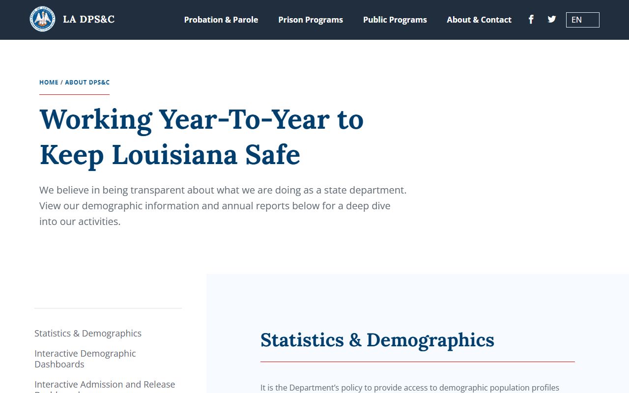 Louisiana DPS&C statistics page for inmate population context in Iberia Parish